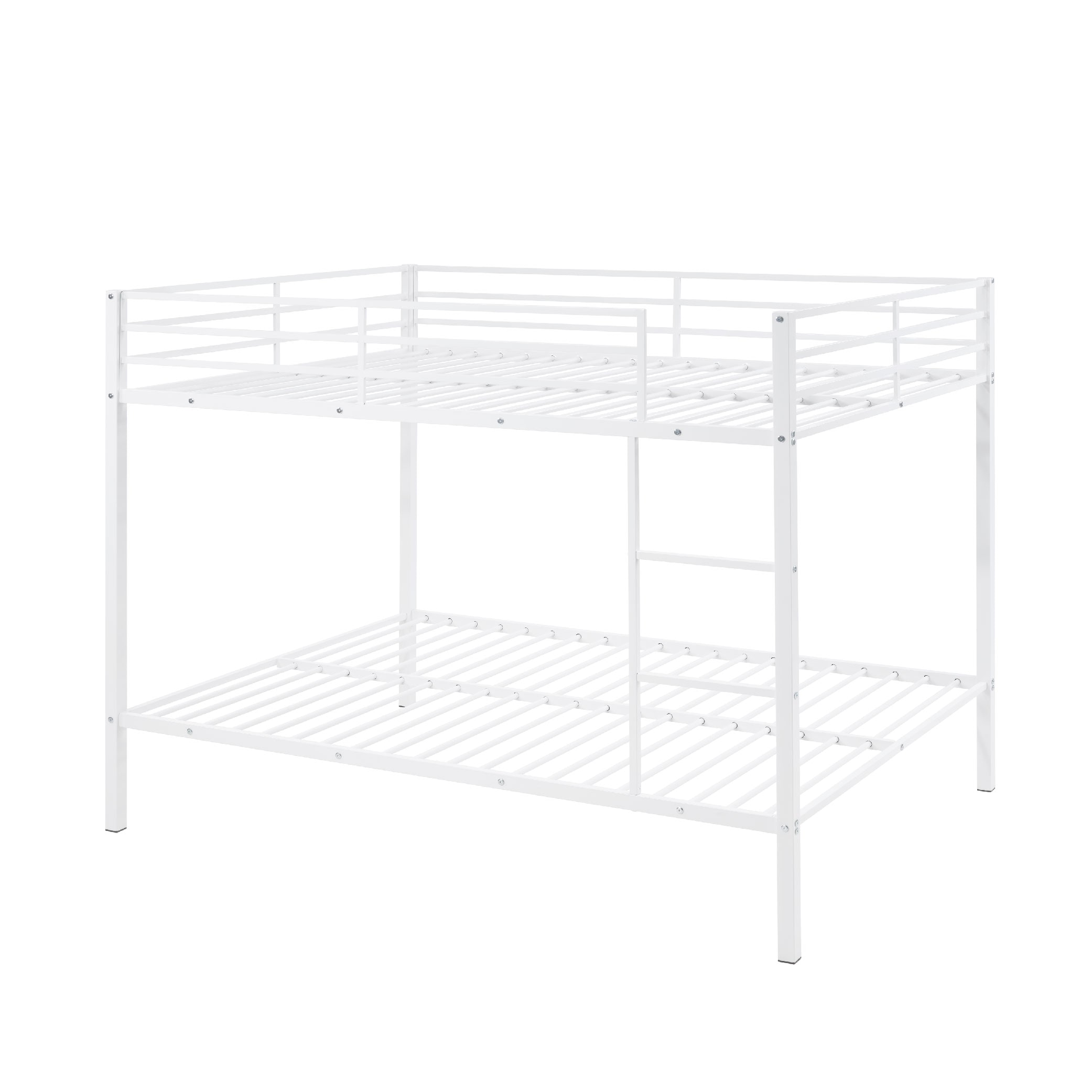 Full Over Full Bunk Bed, Heavy Duty Metal Bunk Bed Frame With Built-in Ladder And Safety Guard Rail, Low Metal Bunk Bed Frame For Kids, No Boxspring Required, For Small Spaces, White_voghion.com